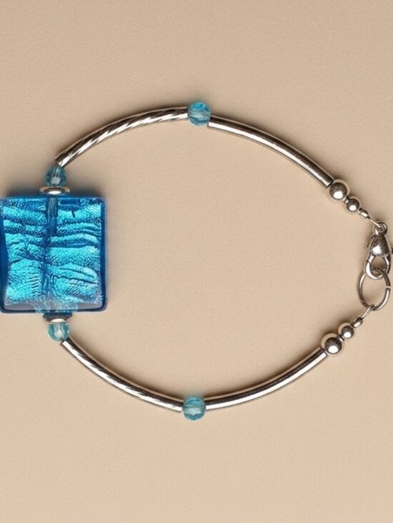 Hand Crafted Jewelry - Murano Style Blue Glass Square Bracelt